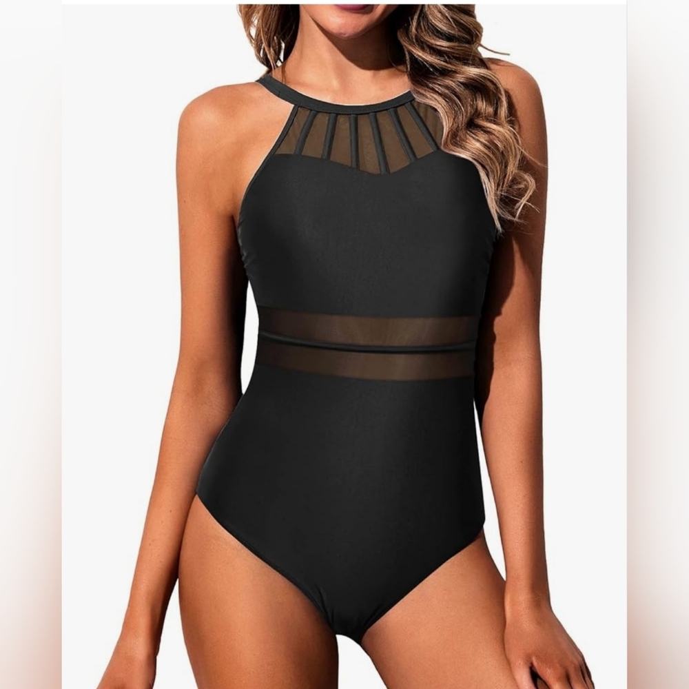 HOLIPICK Womens High Neck Black One Piece Swimsuit Tummy Control Size M NWT